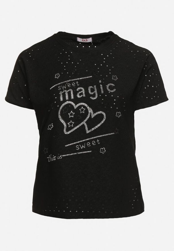 Born2be - Czarny T-shirt Ażurowy z Ozdobnymi Cyrkoniami Cevola. Okazja: na co dzień. Kolor: czarny. Wzór: ażurowy. Styl: casual