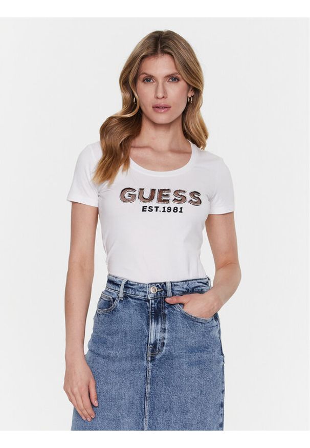 Guess T-Shirt Mesh Logo W3GI35 J1300 Biały Slim Fit. Kolor: biały. Materiał: bawełna, mesh