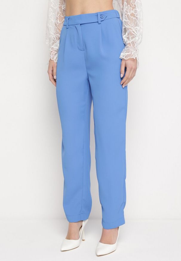 Born2be - Niebieskie Eleganckie Spodnie z Wysokim Stanem z Prostymi Nogawkami i Gumką w Pasie Althema. Okazja: na co dzień. Stan: podwyższony. Kolor: niebieski. Materiał: materiał. Styl: elegancki