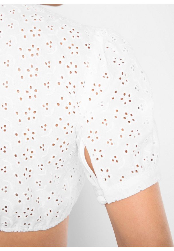 bonprix - Bluzka w ludowym stylu z ażurową koronką. Kolor: biały. Materiał: koronka. Wzór: ażurowy, koronka