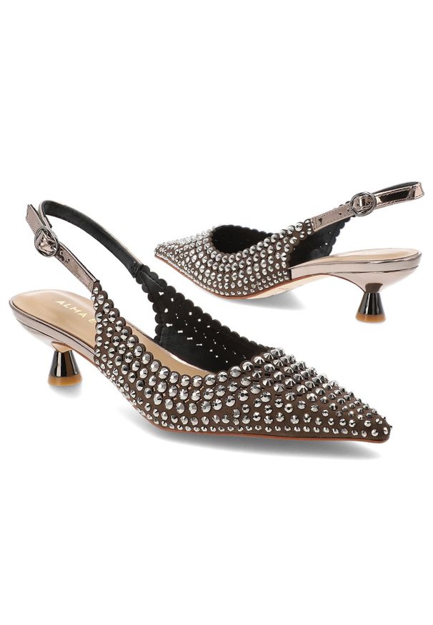 Srebrne Czółenka Alma En Pena Eleganckie Buty Damskie Na Obcasie. Okazja: na imprezę. Nosek buta: szpiczasty. Zapięcie: pasek. Kolor: czarny. Wzór: aplikacja. Obcas: na obcasie. Styl: elegancki. Wysokość obcasa: średni