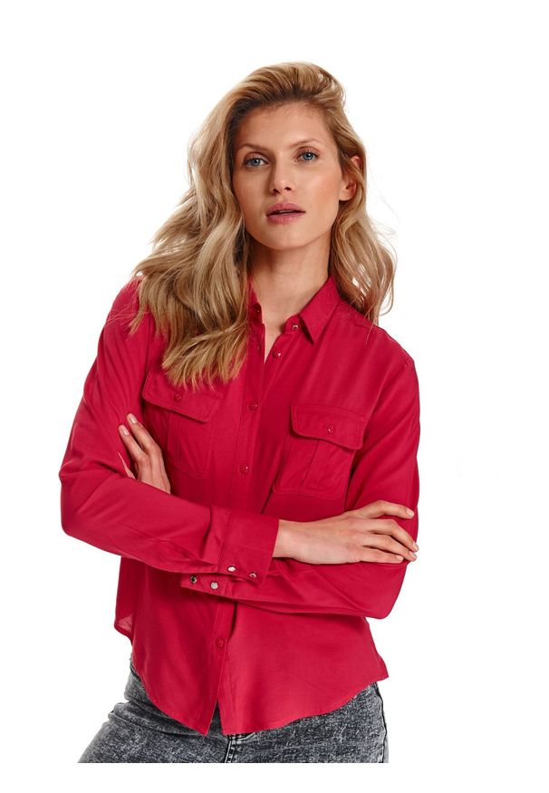 TOP SECRET - Gładka koszula damska z kieszonką. Kolor: czerwony. Długość rękawa: długi rękaw. Długość: długie. Wzór: gładki. Sezon: wiosna. Styl: elegancki