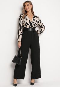 Born2be - Beżowo-Czarny Elegancki Kombinezon z Wzorzystą Górą Szerokimi Nogawkami i Paskiem Grepia. Kolor: beżowy. Materiał: bawełna. Styl: elegancki #5