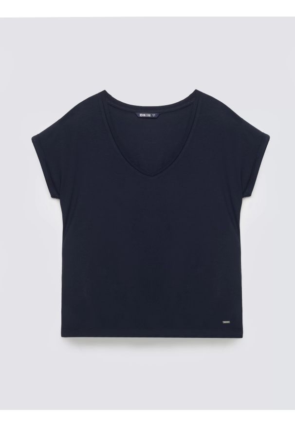 Big-Star - Koszulka damska o luźnym kroju granatowa Valeria 403. Okazja: na co dzień. Typ kołnierza: dekolt w serek. Kolor: niebieski. Materiał: dzianina, wiskoza, skóra, jeans. Styl: casual, elegancki, klasyczny