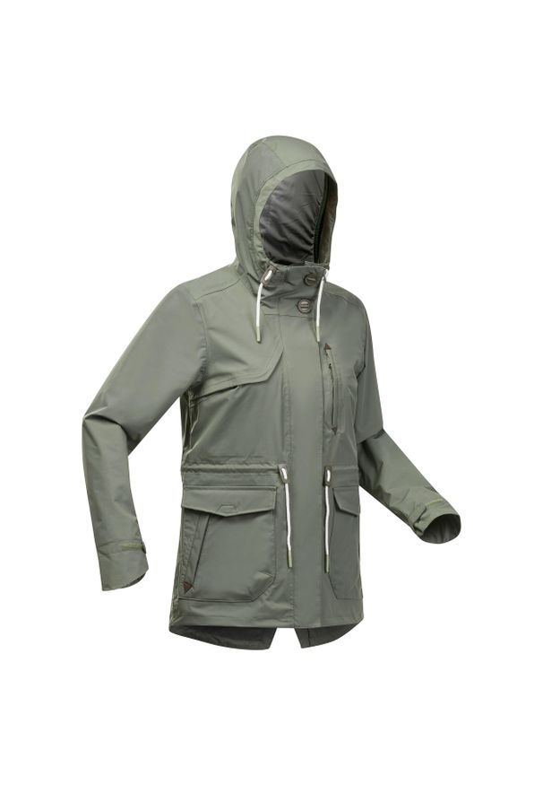 quechua - Kurtka turystyczna damska Quechua NH550 wodoodporna. Kolor: brązowy, wielokolorowy, zielony. Materiał: materiał, poliester, poliamid