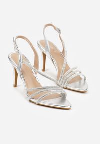 Born2be - Srebrne Sandały na Szpilce Zdobione Cyrkoniami Denafera. Okazja: na wesele, na ślub cywilny, na imprezę. Kolor: srebrny. Materiał: satyna. Wzór: aplikacja. Obcas: na szpilce. Styl: elegancki #4