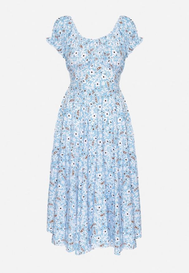 Born2be - Niebieska Sukienka Rozkloszowana w Kwiaty z Bawełną i Bufkami Sanirla. Kolor: niebieski. Materiał: bawełna. Wzór: kwiaty. Typ sukienki: rozkloszowane