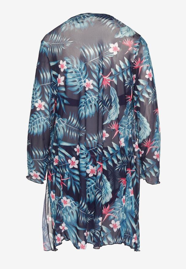 Renee - Granatowe Bikini Biustonosz z Wiązaniem i Figi z Dodatkową Siateczkową Narzutką Zarionea. Kolor: niebieski. Wzór: aplikacja