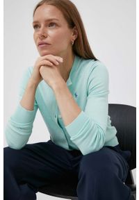 Polo Ralph Lauren kardigan damski kolor szary lekki. Okazja: na co dzień. Typ kołnierza: polo. Kolor: zielony. Materiał: dzianina. Długość rękawa: długi rękaw. Długość: długie. Wzór: gładki. Styl: casual