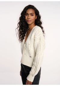 Ochnik - Kremowy sweter damski z nitami. Kolor: biały. Materiał: akryl. Długość: długie. Wzór: aplikacja #3