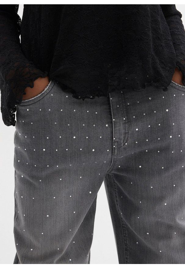 bonprix - Dżinsy wide leg ze sztrasami, średni stan. Kolor: szary. Wzór: aplikacja