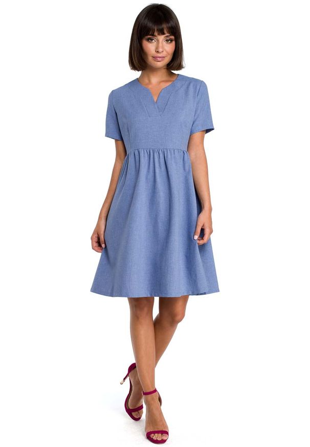 MOE - Niebieska Rozkloszowana Sukienka Mini Odcinana pod Biustem. Kolor: niebieski. Materiał: poliester, len. Długość: mini