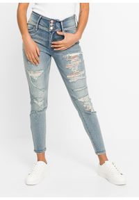 bonprix - Dżinsy SKINNY z wysoką talią i ozdobnymi przetarciami. Kolor: niebieski #1