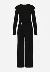 Renee - Czarny Elegancki Komplet Spodnie Wide Leg i Bluzka z Poduszkami w Ramionach Sewinea. Kolor: czarny. Wzór: aplikacja #2