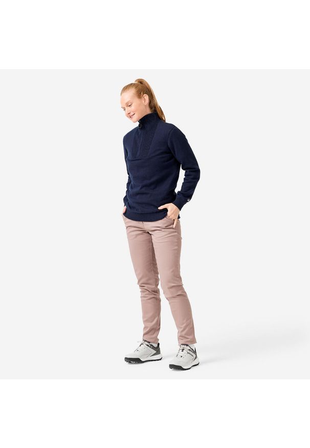 INESIS - Sweter do golfa damski wiatroszczelny MW500 z wysokim kołnierzem. Typ kołnierza: golf. Kolor: niebieski. Materiał: materiał, poliester, bawełna. Styl: klasyczny, sportowy, elegancki