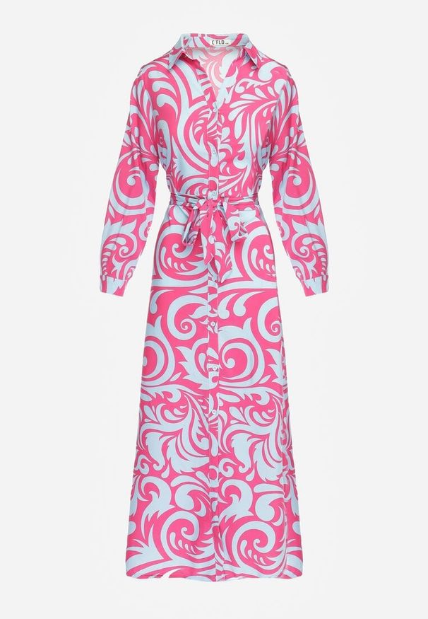 Renee - Fuksjowo-Niebieska Sukienka Koszulowa Maxi z Materiałowym Paskiem w Abstrakcyjny Print Lirans. Kolor: różowy. Materiał: materiał. Wzór: nadruk. Typ sukienki: koszulowe. Długość: maxi