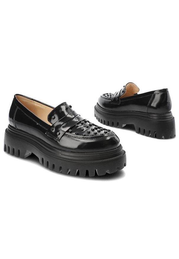 Czarne Półbuty Simen Modne Buty Damskie. Kolor: czarny. Materiał: skóra. Styl: rockowy, elegancki