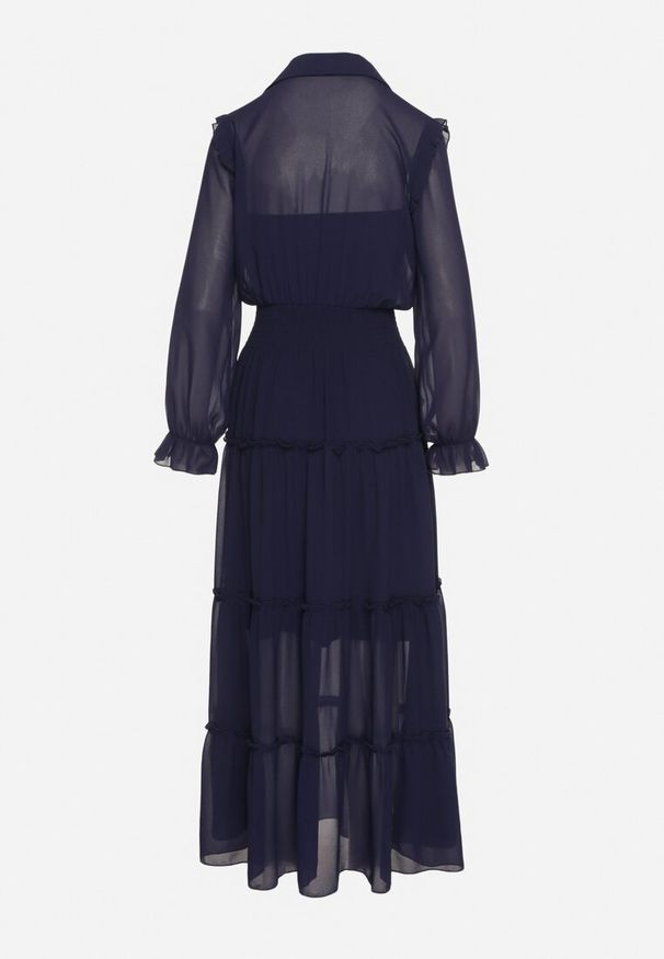 Born2be - Granatowa Rozkloszowana Sukienka VICES Koszulowa w Stylu Retro Aravite. Okazja: na co dzień. Typ kołnierza: kołnierzyk klasyczny, kołnierz z falbankami, dekolt w kształcie V. Kolor: niebieski. Długość rękawa: długi rękaw. Typ sukienki: koszulowe. Styl: retro