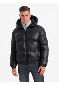 Ombre Clothing - Męska ciepła kurtka puffer ze ściągaczami – czarna V1 OM-JAHP-0207 - XXL. Okazja: na co dzień. Typ kołnierza: kaptur. Kolor: czarny. Materiał: guma, poliester, syntetyk, nylon, materiał, tkanina. Wzór: aplikacja. Sezon: zima. Styl: casual #3