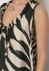 Born2be - Ciemnozielona Pudełkowa Sukienka z Wiskozą Lnem i Roślinnym Wzorem Rineluna. Okazja: na co dzień. Kolor: zielony. Materiał: wiskoza, len. Styl: casual, elegancki #4