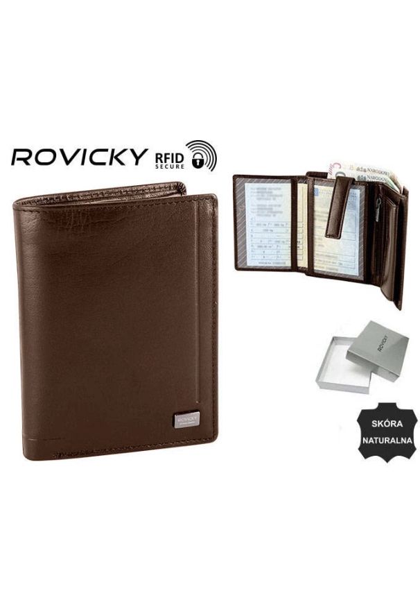 ROVICKY - Portfel męski skórzany RFID brązowy Rovicky PC-104-BAR. Kolor: brązowy. Materiał: skóra. Wzór: jednolity