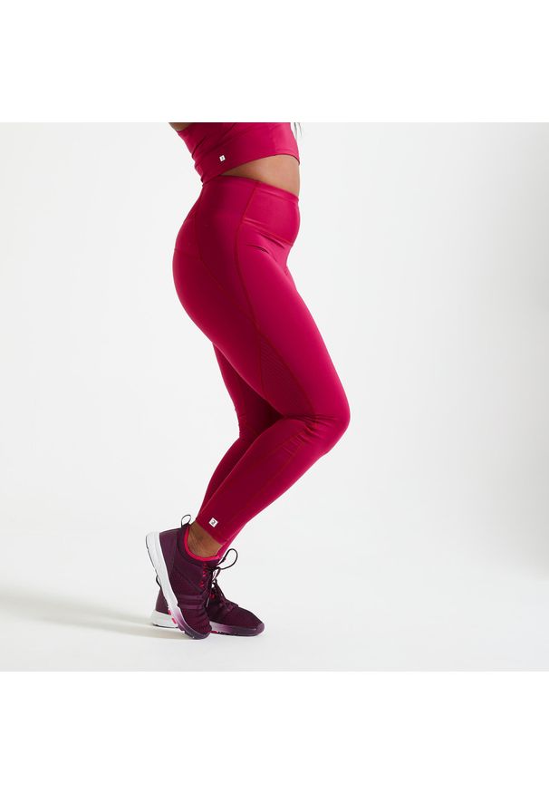 DOMYOS - Legginsy fitness damskie Domyos. Stan: podwyższony. Kolor: fioletowy. Materiał: materiał, skóra. Sport: fitness