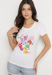 Born2be - Biało-Niebieski T-shirt z Bawełny z Ozdobnym Nadrukiem Zaromeira. Okazja: na co dzień. Kolor: biały. Materiał: bawełna. Wzór: nadruk. Styl: klasyczny, elegancki, casual #3