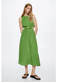 mango - Mango sukienka lniana Circle kolor zielony midi rozkloszowana. Kolor: zielony. Materiał: len. Typ sukienki: rozkloszowane. Długość: midi #4