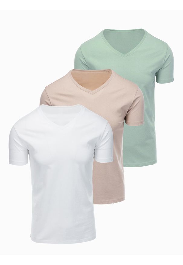 Ombre Clothing - Zestaw bawełnianych koszulek męskich V-neck BASIC – szarozielony/biały/beżowy V14 - Rozmiar: S. Okazja: na co dzień, do pracy. Typ kołnierza: dekolt w serek. Kolor: szary. Materiał: bawełna. Długość: długie. Wzór: jednolity, gładki. Styl: casual