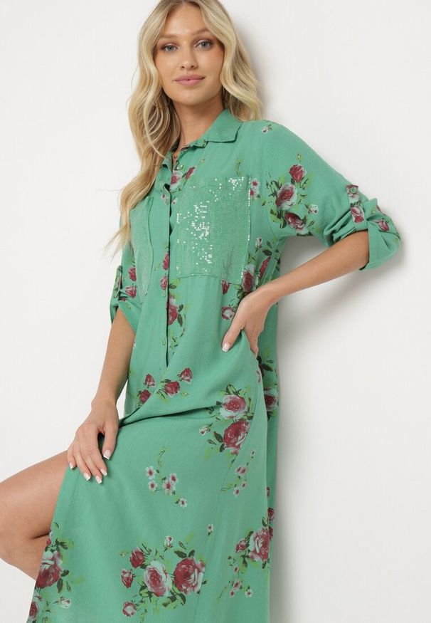 Born2be - Ciemnozielona Pudełkowa Sukienka z Bawełny z Regulowanym Rękawem Avamla. Okazja: na spacer. Kolor: zielony. Materiał: bawełna. Styl: elegancki