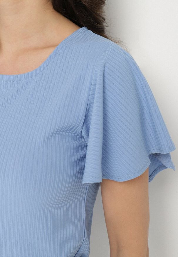 Born2be - Niebieska Bluzka Ozdobiona Szerokimi Rękawami Sunlisa. Okazja: na co dzień. Kolor: niebieski. Materiał: jeans. Wzór: aplikacja. Styl: casual, klasyczny