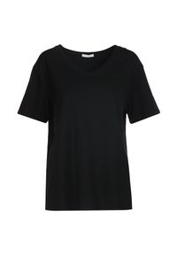 Born2be - Czarny T-shirt Genilin. Okazja: na co dzień. Typ kołnierza: dekolt w kształcie V. Kolor: czarny. Materiał: dzianina. Długość rękawa: krótki rękaw. Długość: krótkie. Wzór: gładki. Styl: klasyczny, casual, wizytowy