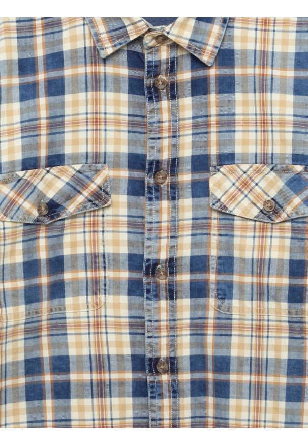 Big-Star - Koszula męska bawełniana w kratę beżowo-granatowa Kolisew 800. Kolor: beżowy. Materiał: bawełna. Długość rękawa: długi rękaw. Długość: długie. Wzór: kratka. Styl: vintage, elegancki