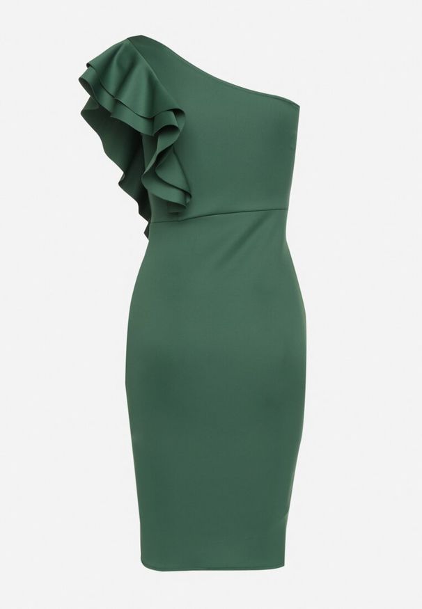 Born2be - Zielona Asymetryczna Sukienka Ozdobiona Falbaną Lenitel. Okazja: na randkę. Kolor: zielony. Wzór: aplikacja. Typ sukienki: asymetryczne. Styl: klasyczny