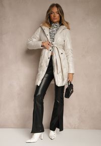 Renee - Jasnoszara Pikowana Kurtka z Kapturem i Wiązanym Paskiem Elladie. Okazja: na co dzień. Typ kołnierza: kaptur. Kolor: szary. Materiał: jeans, dzianina. Styl: casual #4