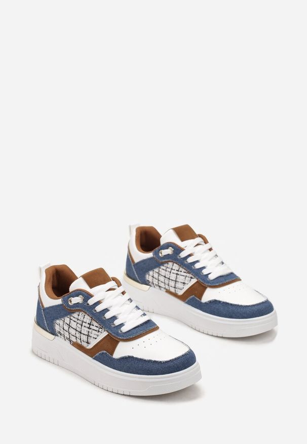 Renee - Granatowe Sneakersy Ozdobione Wstawką z Tweedowego Materiału Saini. Nosek buta: okrągły. Zapięcie: sznurówki. Kolor: niebieski. Materiał: materiał. Wzór: aplikacja. Sezon: jesień, wiosna. Obcas: na obcasie. Wysokość obcasa: niski