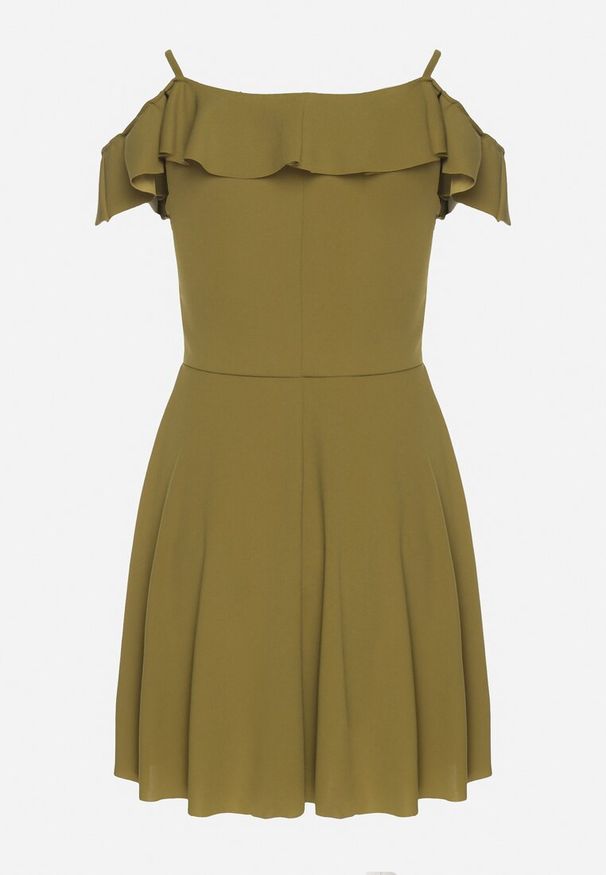 Born2be - Jasnozielona Sukienka Rozkloszowana na Ramiączkach z Falbankami Polauri. Okazja: na co dzień. Typ kołnierza: kołnierz z falbankami. Kolor: zielony. Długość rękawa: na ramiączkach. Styl: casual, elegancki, klasyczny