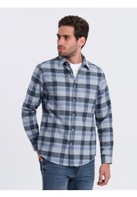 Ombre Clothing - Flanelowa koszula męska w kratę - niebiesko-szara V1. Kolor: szary. Materiał: bawełna. Styl: klasyczny #3