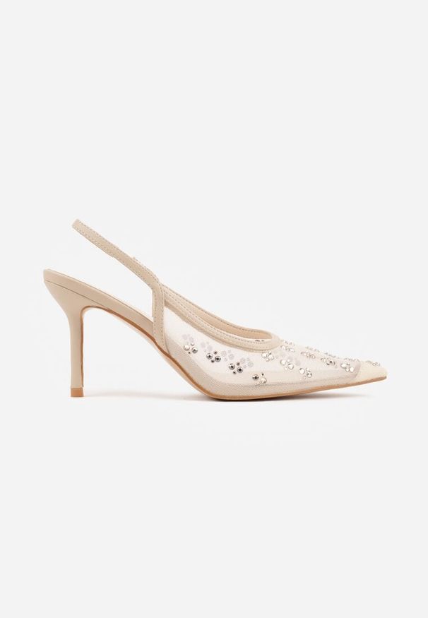 Renee - Złote Sandały Slingback na Szpilce z Siateczki Zdobione Cyrkoniami Lilinyra. Kolor: złoty. Materiał: jeans. Wzór: aplikacja. Obcas: na szpilce. Styl: elegancki, klasyczny