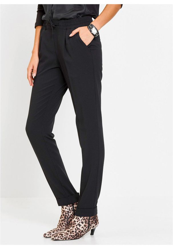 bonprix - Spodnie z gumką w talii i zakładkami. Kolor: czarny. Długość: długie