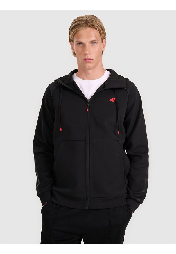 4f - 4F Bluza dresowa rozpinana z kapturem męska - czarna XL. Okazja: na co dzień. Typ kołnierza: kaptur. Kolor: czarny. Materiał: dresówka. Długość rękawa: raglanowy rękaw. Wzór: gładki, ze splotem. Styl: casual, klasyczny, sportowy