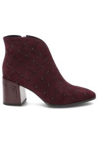 Bordowe Botki S.Barski Stylowe Buty Damskie. Zapięcie: zamek. Kolor: czerwony. Materiał: zamsz. Wzór: aplikacja, kratka. Obcas: na obcasie. Styl: elegancki. Wysokość obcasa: średni #8