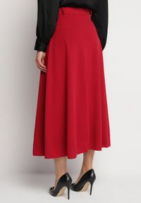 Born2be - Bordowa Rozkloszowana Spódnica z Wysokim Stanem Ozdobiona Paskiem z Klamrą Lobir. Okazja: na co dzień. Stan: podwyższony. Kolor: czerwony. Materiał: jedwab. Wzór: aplikacja. Styl: casual, elegancki #5