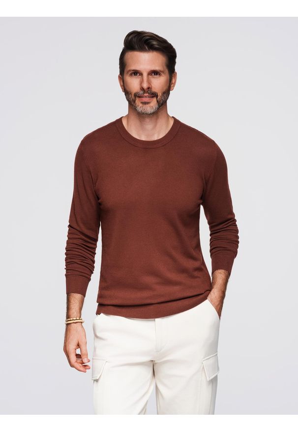 Ombre Clothing - Męski sweter z okrągłym dekoltem z elastycznej dzianiny o klasycznym splocie - bordowy V4 - Rozmiar: L. Okazja: na co dzień. Kolor: czerwony. Materiał: dzianina. Wzór: ze splotem. Styl: klasyczny