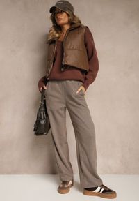 Renee - Brązowe Szerokie Spodnie Ocieplane z Bawełny High Waist Iltilia. Okazja: na co dzień. Stan: podwyższony. Kolor: brązowy. Materiał: bawełna. Styl: casual, elegancki #3