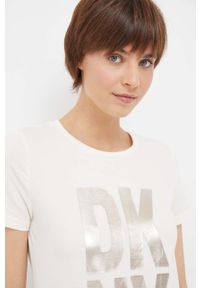 DKNY - Dkny t-shirt damski kolor beżowy. Kolor: beżowy. Materiał: dzianina. Styl: klasyczny #3