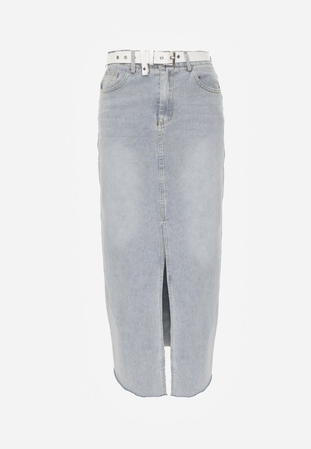 Renee - Jasnoniebieska Spódnica Jeansowa o Ołówkowym Kroju Zdobiona Rozcięciem Lisovira. Okazja: na spacer. Kolor: niebieski. Materiał: jeans. Wzór: aplikacja. Styl: klasyczny, elegancki