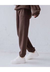 DOLLINA - Brązowe spodnie dresowe. Kolor: brązowy. Materiał: dresówka. Wzór: haft