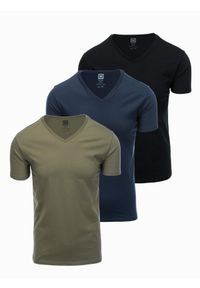 Ombre Clothing - Zestaw męskich bawełnianych t-shirtów V-neck BASIC – czarny/granatowy/ciemnooliwkowy V7. Typ kołnierza: dekolt w serek. Kolor: biały. Materiał: bawełna