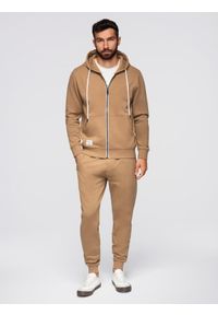 Ombre Clothing - Komplet dresowy męski set bluza rozpinana z kapturem + spodnie joggery - camel V2 - Rozmiar: M. Okazja: na spacer, na co dzień. Typ kołnierza: kaptur. Materiał: dresówka. Wzór: aplikacja. Styl: casual